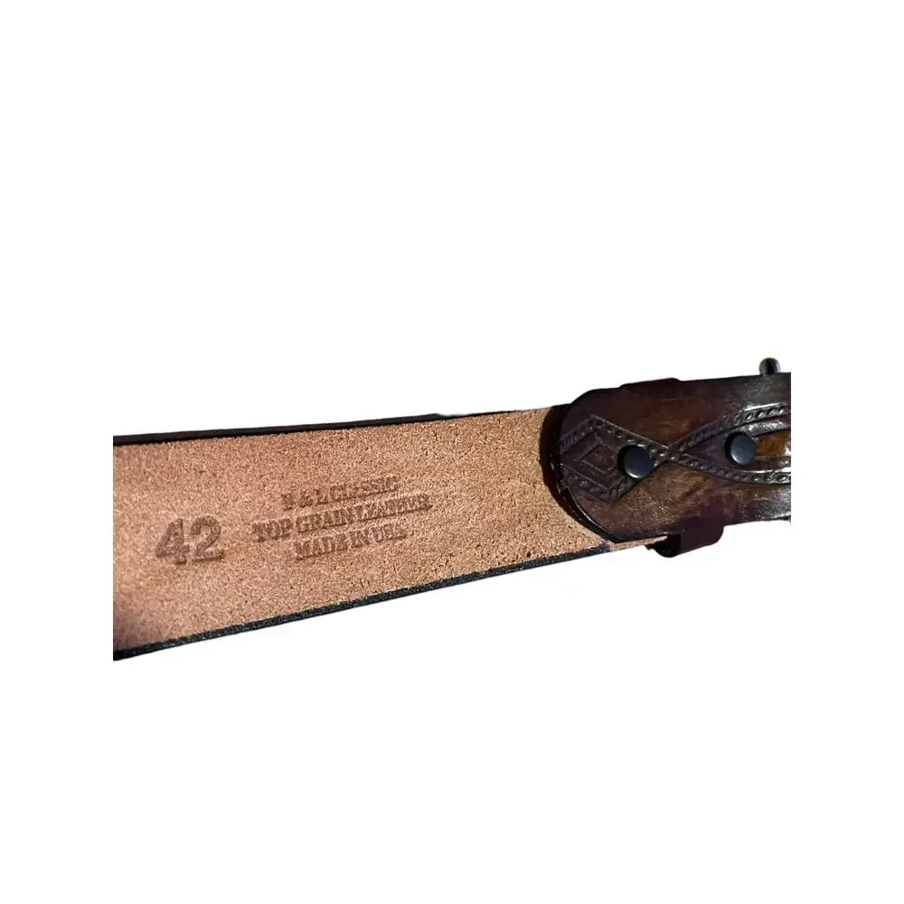 F & L Classic Top Grain Leather Men's Belt 42 Wide Browns Engraved Design